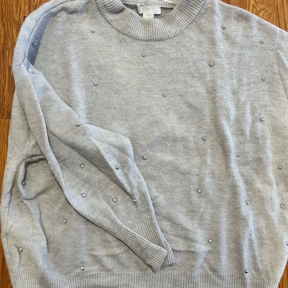 H&M Gray rhinestone Beaded Sweater
